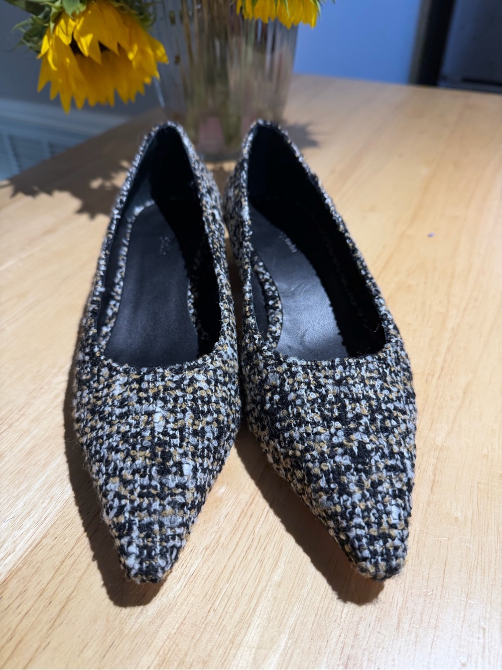Pointed Tweed Flats in Black & Cream